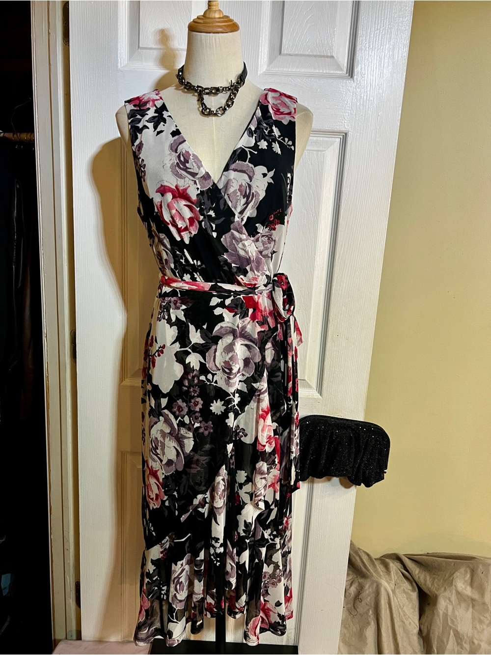 New Connected Wms Floral Mesh Sheer Lined V Neck Ruffle Asymmetric Midi Dress 12
